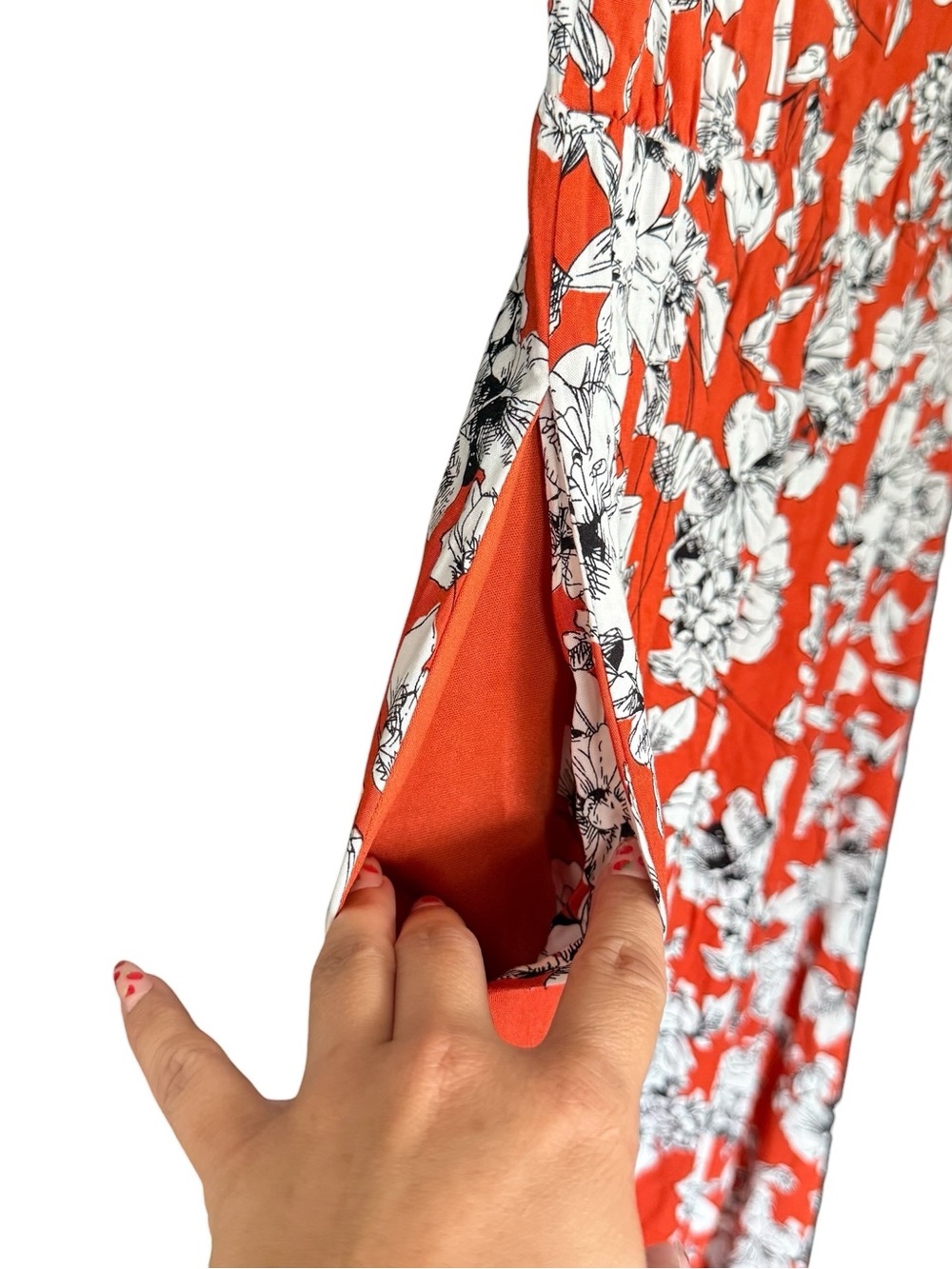 Roolee Burnt Orange w/ Black & White Floral Wrap-Style Ruffle Accent Maxi Dress - Picture 11 of 14